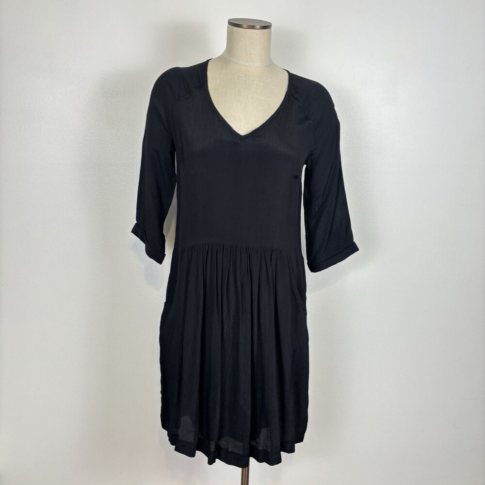 Garnet Hill Womens 4 Dress Pockets V-Neck 3/4 Sleeve Lined Black Viscose